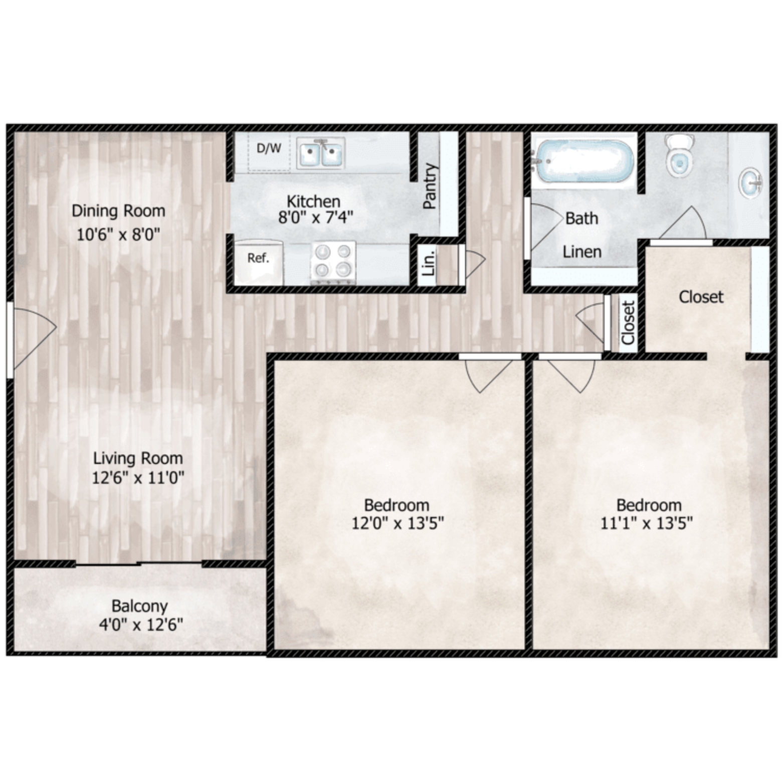 Floor plan for 2 beds, 1 bath, 890 sqft